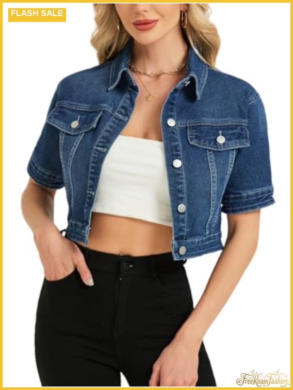 Women's Cropped Denim Jacket Short Sleeve Button Down Jean Trucker Coat